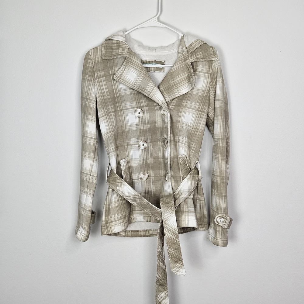 Maurices Plaid Peacoat Sz Small Double Breasted Hooded‎ Belted Beige White
